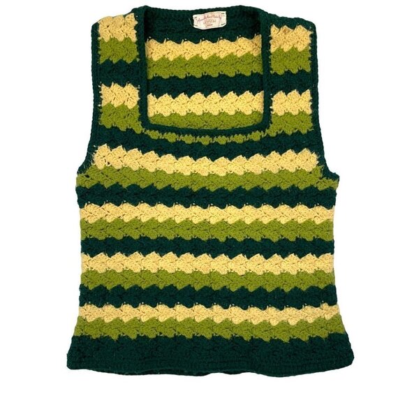 Vintage Handmade by Janice Crochet Yarn Tank Top Striped Green & Yellow - Picture 1 of 6